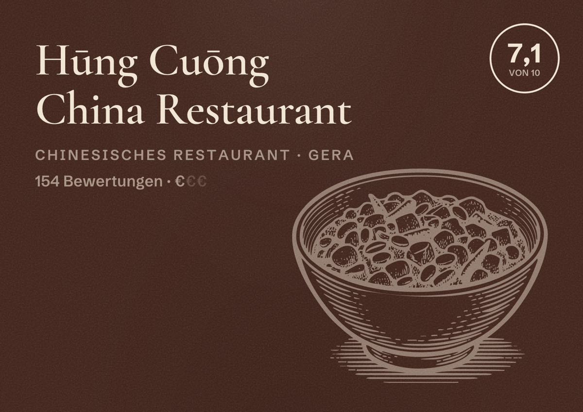 Illustriertes Poster von Hūng Cuōng China Restaurant, Chinesisches Restaurant in Gera: Bewertung 7,1 von 10 aus 154 Bewertungen, Preisniveau €