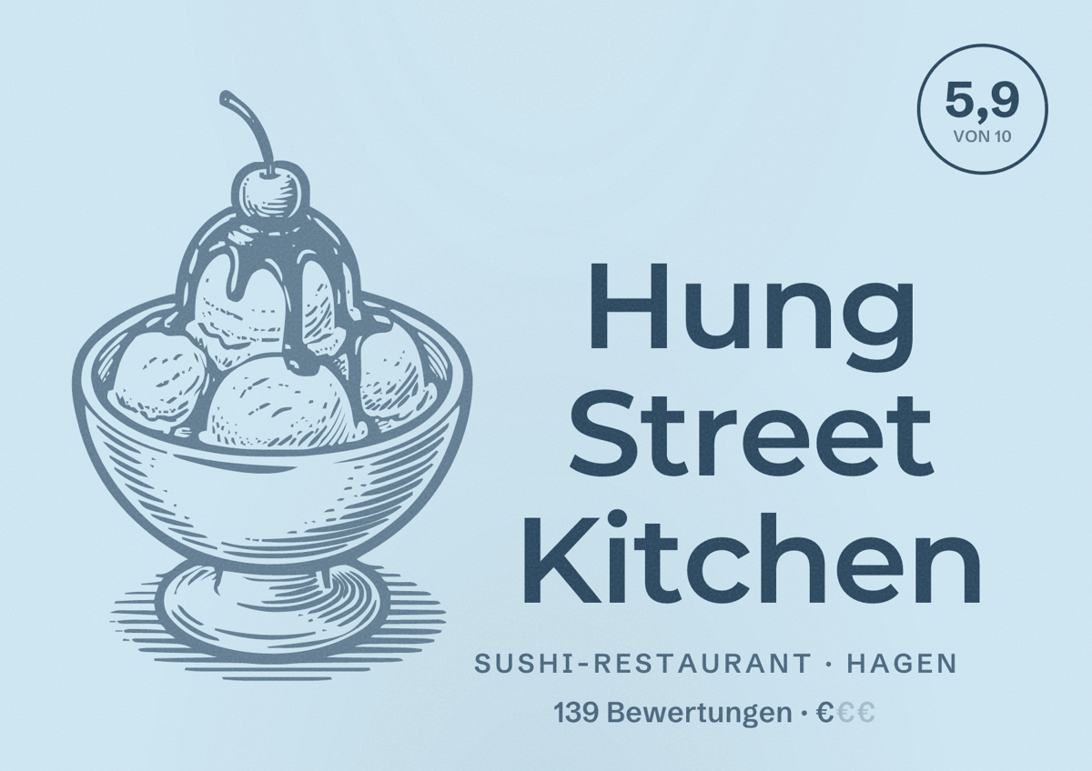 Illustriertes Poster von Hung Street Kitchen, Sushi-Restaurant in Hagen: Bewertung 5,9 von 10 aus 139 Bewertungen, Preisniveau €