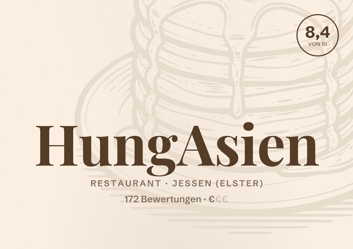 Illustriertes Poster von HungAsien, Restaurant in Jessen (Elster): Bewertung 8,4 von 10 aus 172 Bewertungen, Preisniveau €
