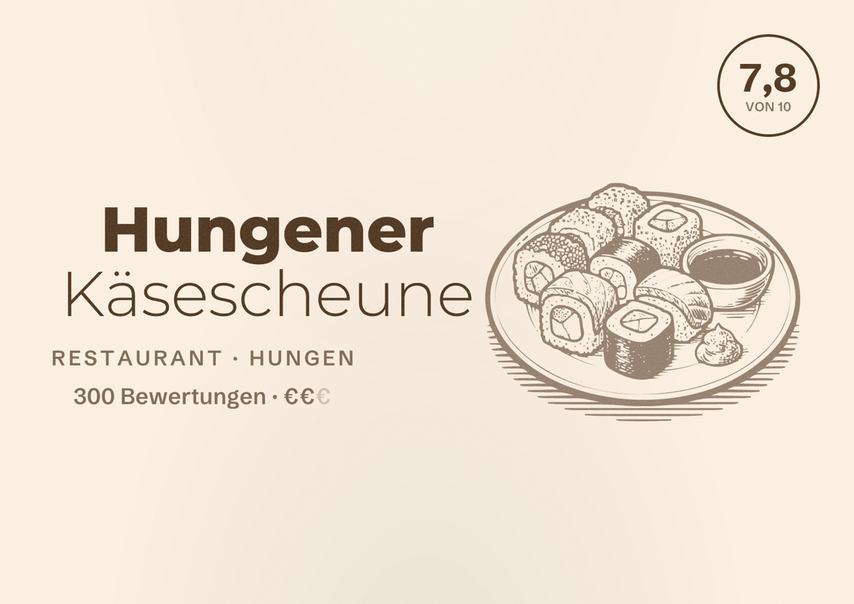Illustriertes Poster von Hungener Käsescheune, Restaurant in Hungen: Bewertung 7,8 von 10 aus 300 Bewertungen, Preisniveau €€