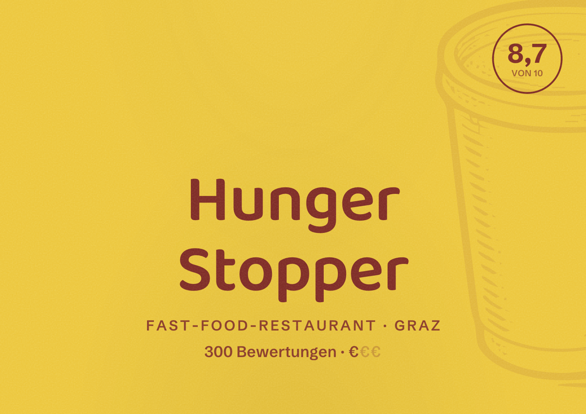 Illustriertes Poster von Hunger Stopper, Fast-Food-Restaurant in Graz: Bewertung 8,7 von 10 aus 300 Bewertungen, Preisniveau €