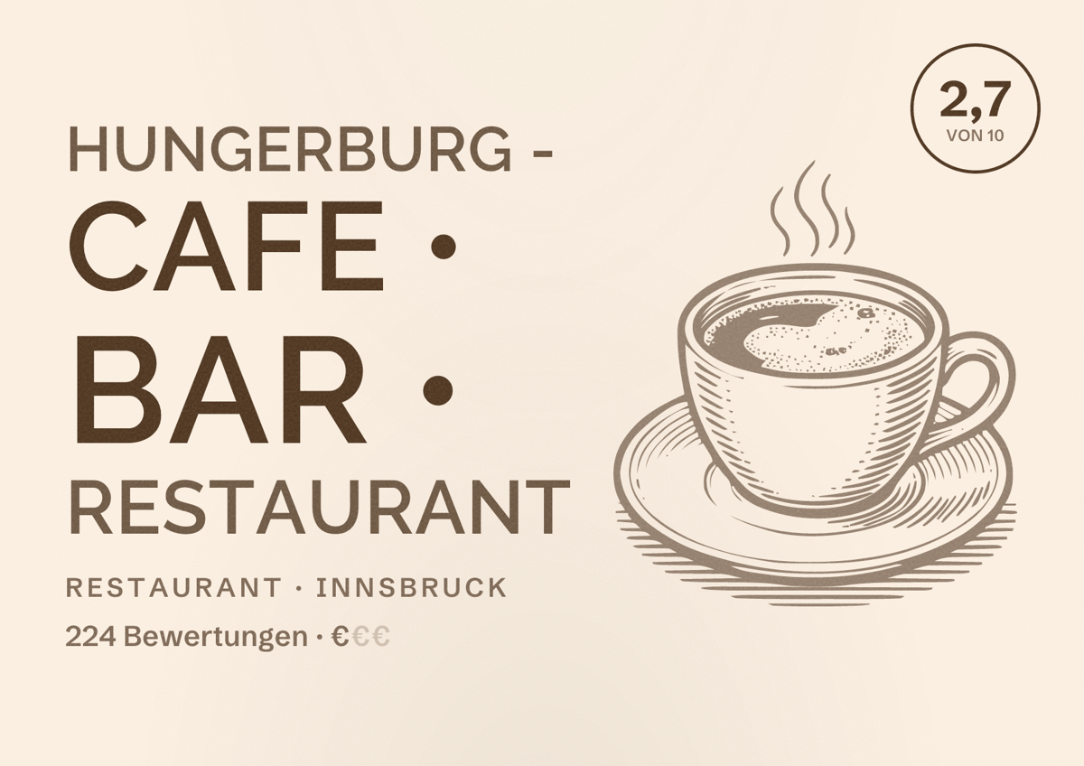 Illustriertes Poster von hungerburg - CAFE • BAR • RESTAURANT, Restaurant in Innsbruck: Bewertung 2,7 von 10 aus 224 Bewertungen, Preisniveau €