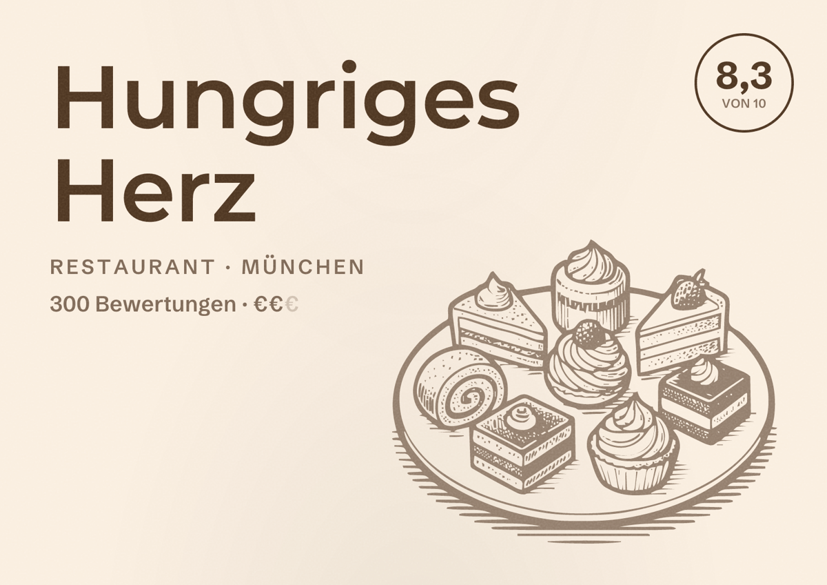 Illustriertes Poster von Hungriges Herz, Restaurant in München: Bewertung 8,3 von 10 aus 300 Bewertungen, Preisniveau €€