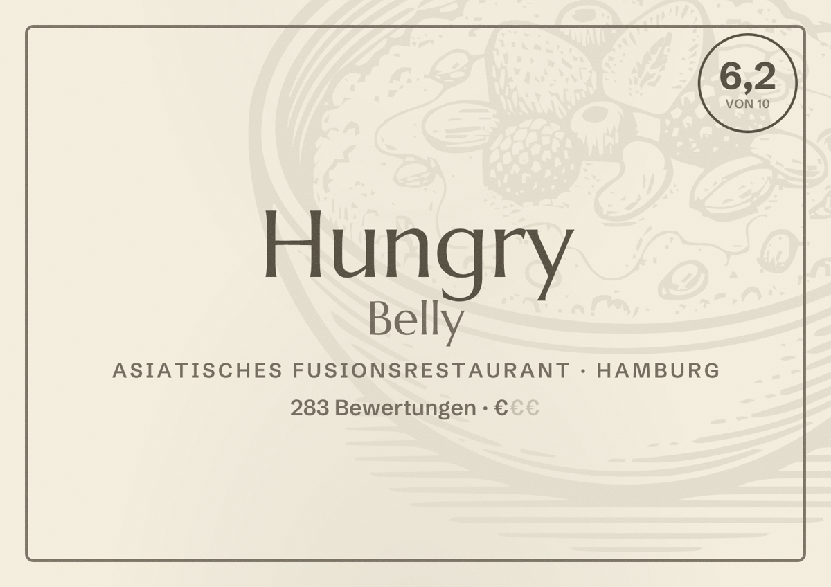Illustriertes Poster von Hungry Belly, Asiatisches Fusionsrestaurant in Hamburg: Bewertung 6,2 von 10 aus 283 Bewertungen, Preisniveau €