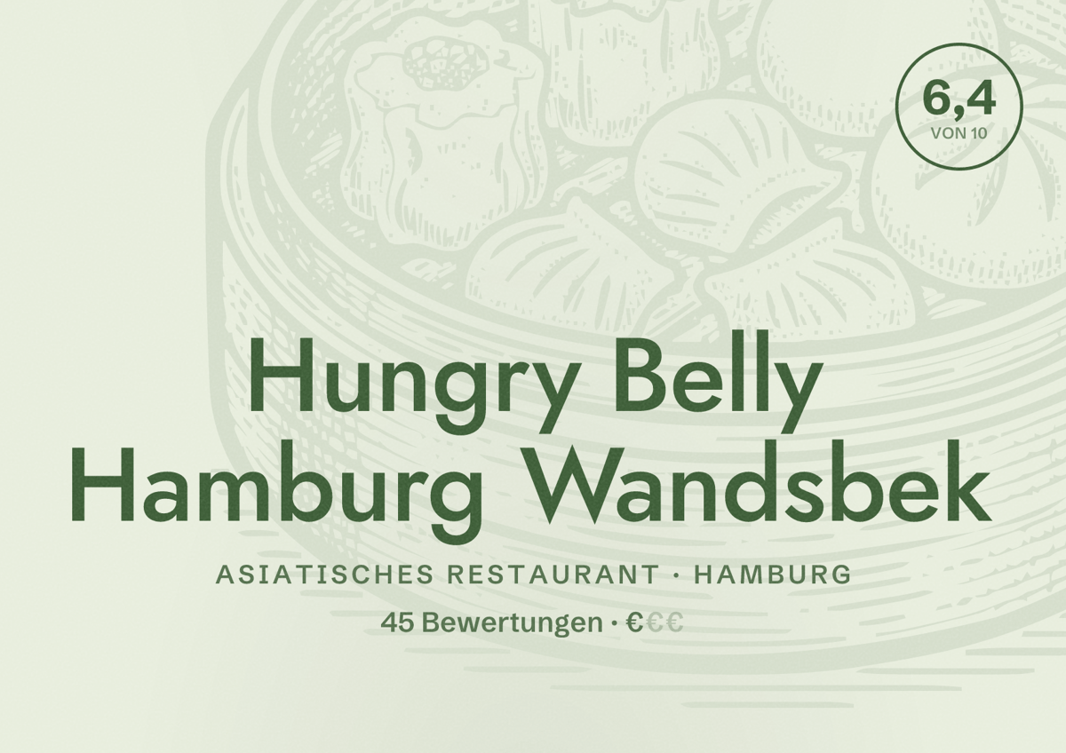 Illustriertes Poster von Hungry Belly Hamburg Wandsbek, Asiatisches Restaurant in Hamburg: Bewertung 6,4 von 10 aus 45 Bewertungen, Preisniveau €