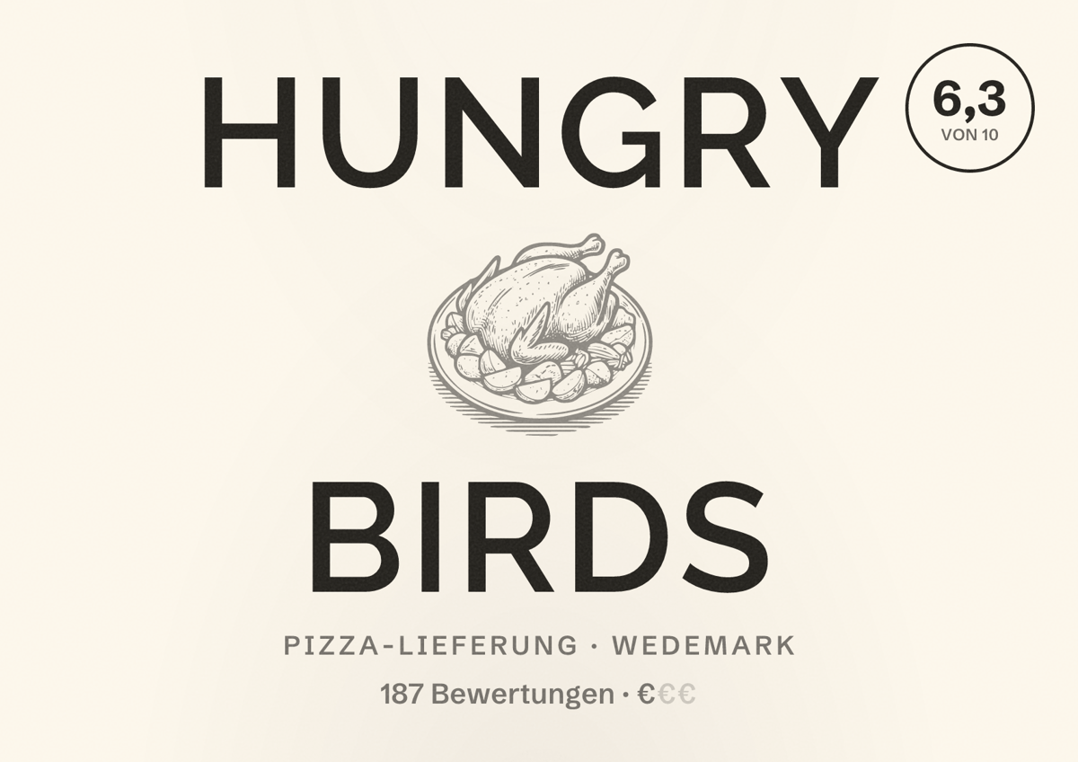 Illustriertes Poster von Hungry Birds, Pizza-Lieferung in Wedemark: Bewertung 6,3 von 10 aus 187 Bewertungen, Preisniveau €