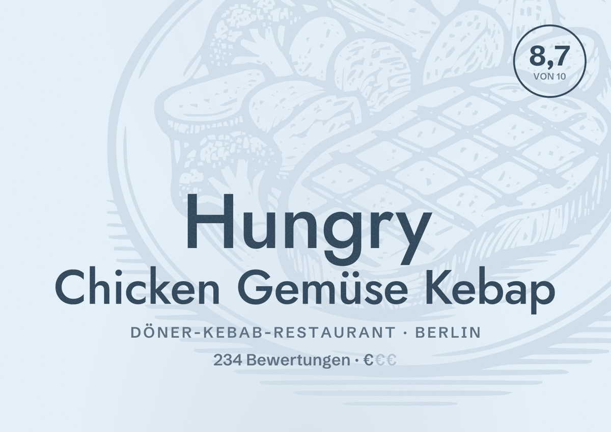 Illustriertes Poster von Hungry Chicken Gemüse Kebap, Döner-Kebab-Restaurant in Berlin: Bewertung 8,7 von 10 aus 234 Bewertungen, Preisniveau €