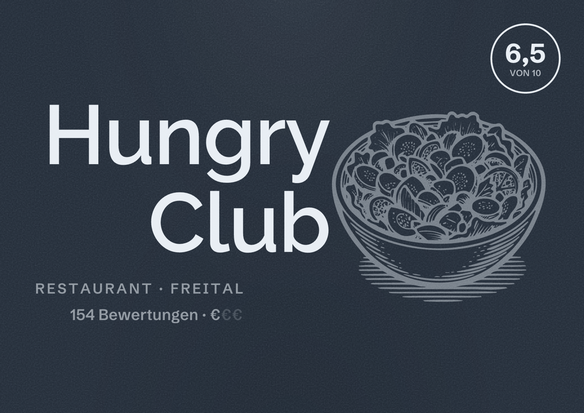Illustriertes Poster von Hungry Club, Restaurant in Freital: Bewertung 6,5 von 10 aus 154 Bewertungen, Preisniveau €