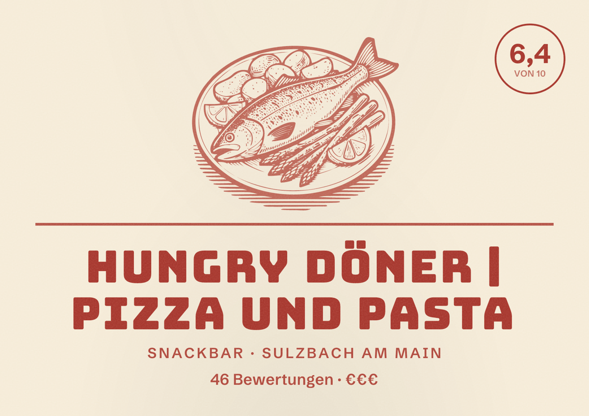 Illustriertes Poster von Hungry Döner | Pizza und Pasta, Snackbar in Sulzbach am Main: Bewertung 6,4 von 10 aus 46 Bewertungen, Preisniveau €€€