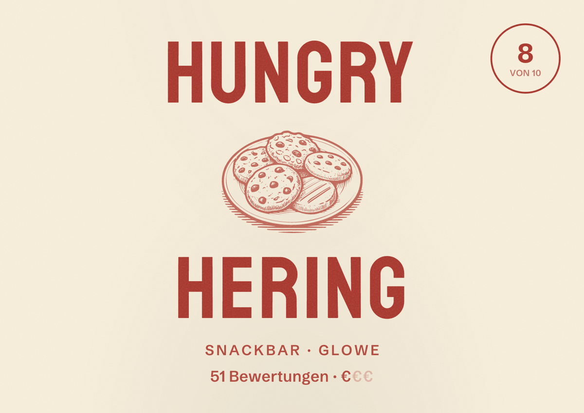 Illustriertes Poster von HUNGRY HERiNG, Snackbar in Glowe: Bewertung 8 von 10 aus 51 Bewertungen, Preisniveau €