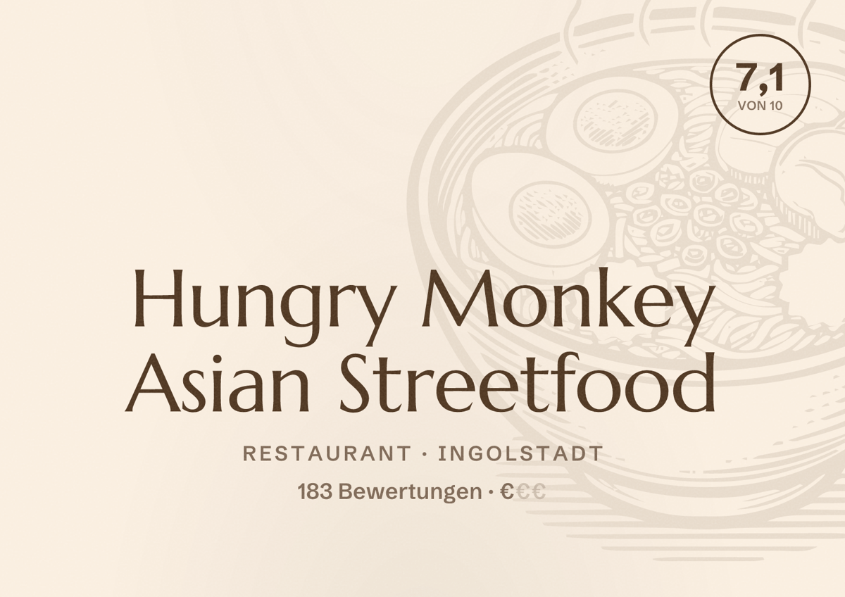 Illustriertes Poster von Hungry Monkey Asian Streetfood, Restaurant in Ingolstadt: Bewertung 7,1 von 10 aus 183 Bewertungen, Preisniveau €