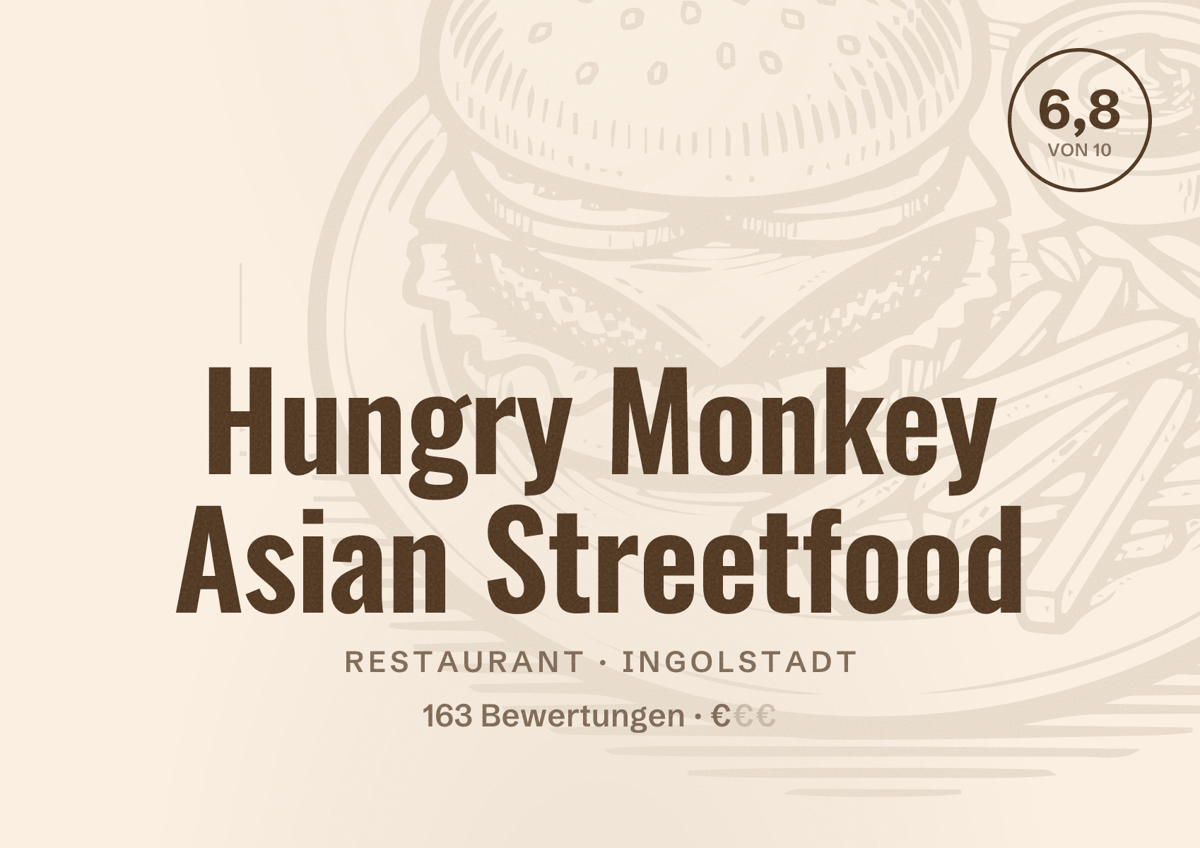 Illustriertes Poster von Hungry Monkey Asian Streetfood, Restaurant in Ingolstadt: Bewertung 6,8 von 10 aus 163 Bewertungen, Preisniveau €