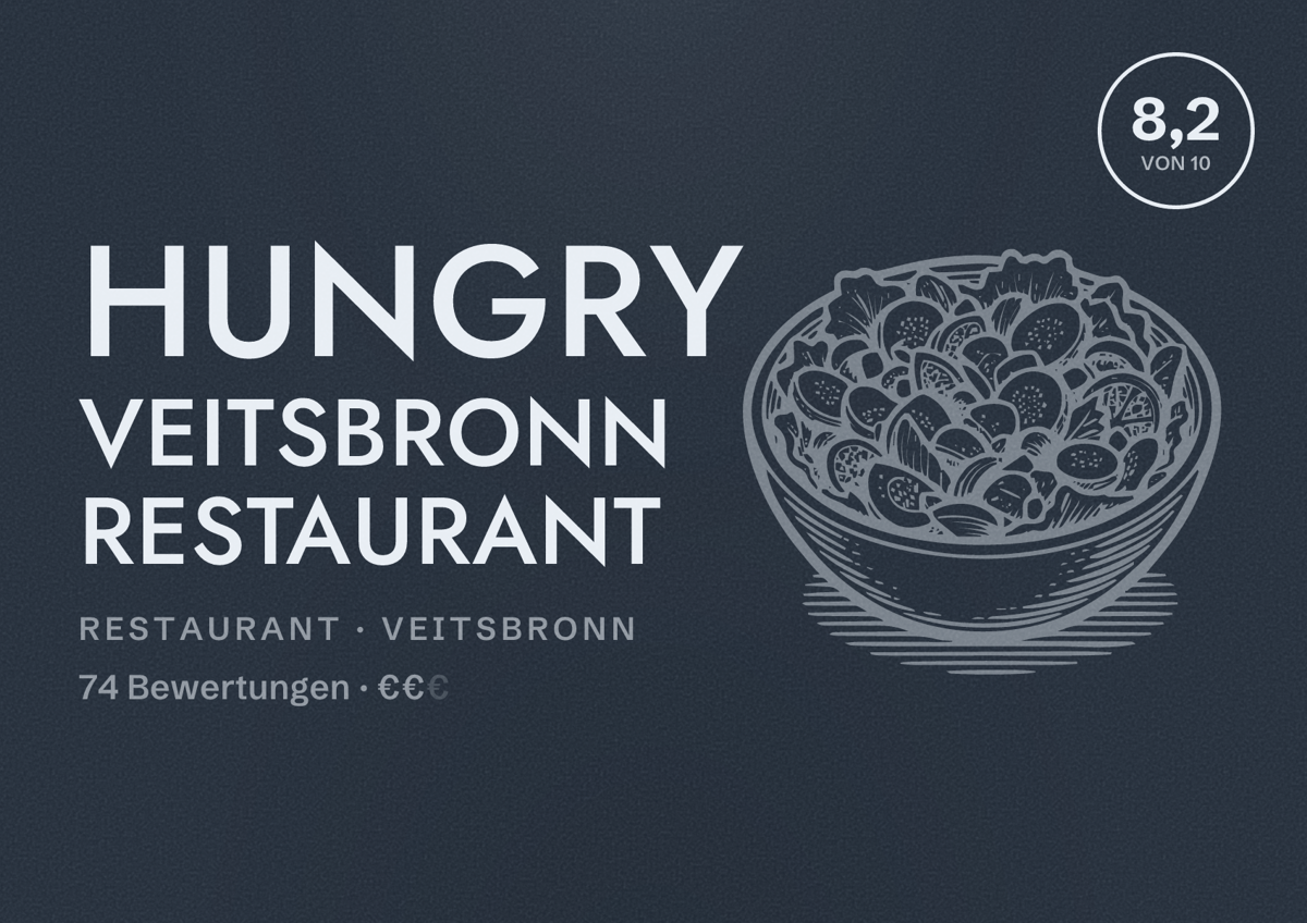 Illustriertes Poster von Hungry Veitsbronn Restaurant, Restaurant in Veitsbronn: Bewertung 8,2 von 10 aus 74 Bewertungen, Preisniveau €€