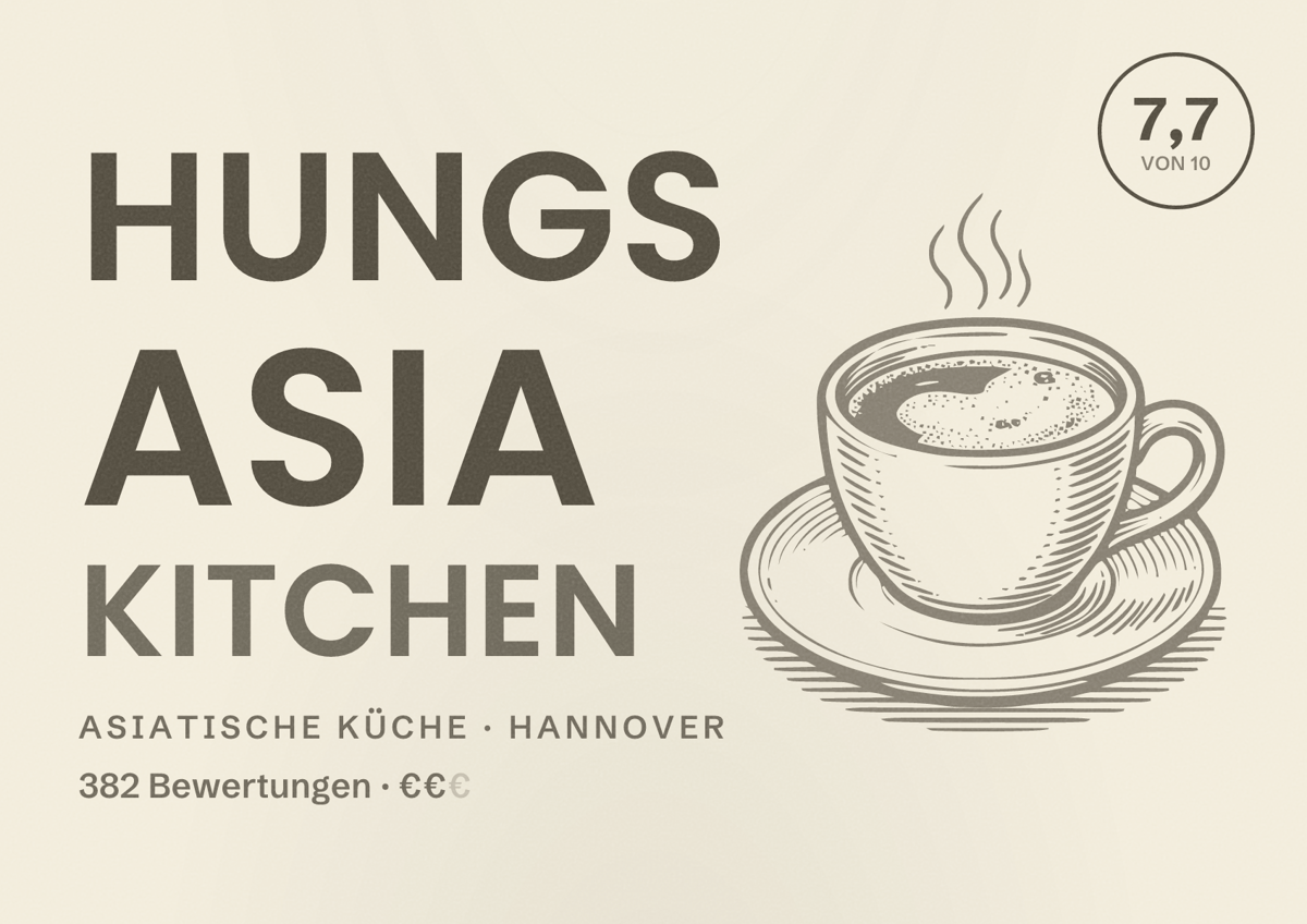 Illustriertes Poster von Hungs Asia Kitchen, Asiatische Küche in Hannover: Bewertung 7,7 von 10 aus 382 Bewertungen, Preisniveau €€