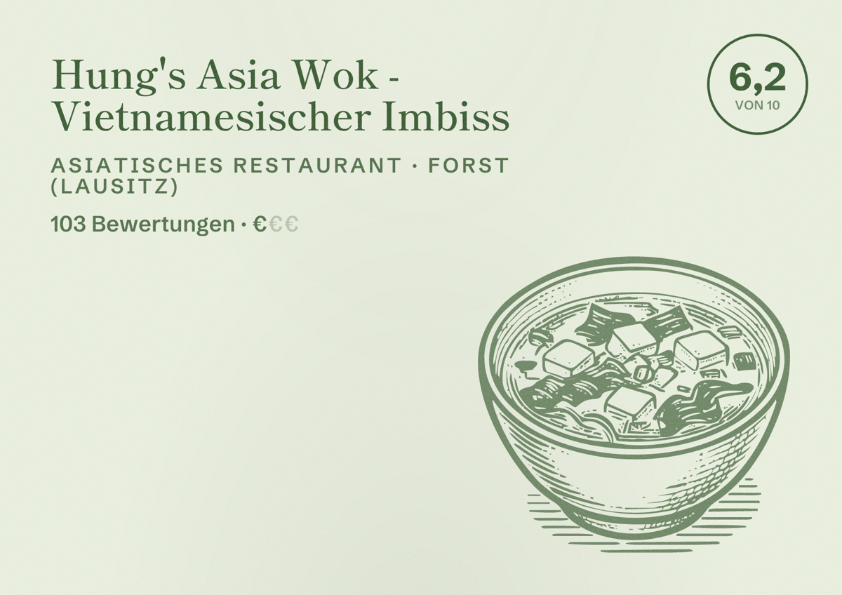 Illustriertes Poster von Hung's Asia Wok - Vietnamesischer Imbiss, Asiatisches Restaurant in Forst (Lausitz): Bewertung 6,2 von 10 aus 103 Bewertungen, Preisniveau €