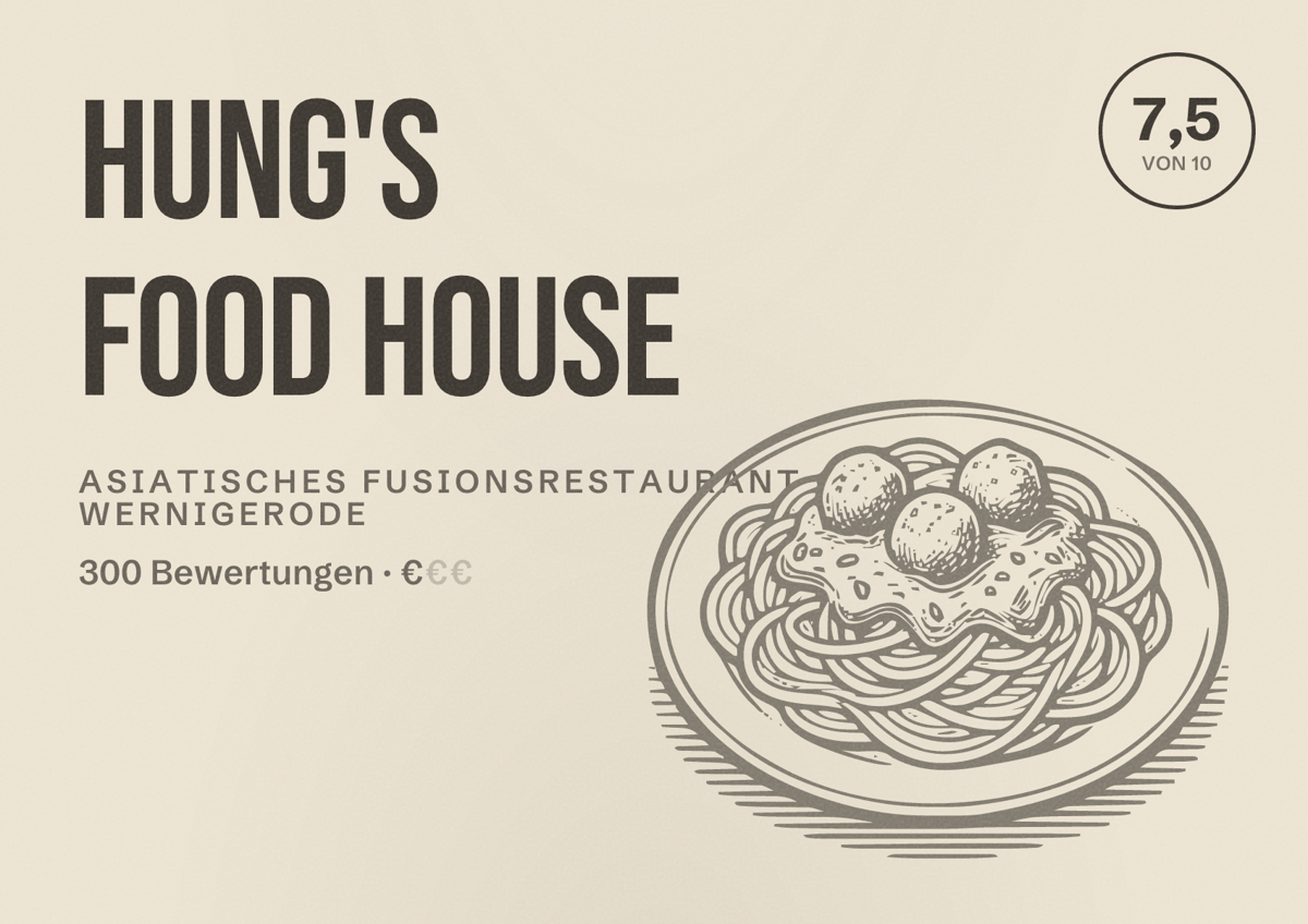 Illustriertes Poster von Hung's Food House, Asiatisches Fusionsrestaurant in Wernigerode: Bewertung 7,5 von 10 aus 300 Bewertungen, Preisniveau €