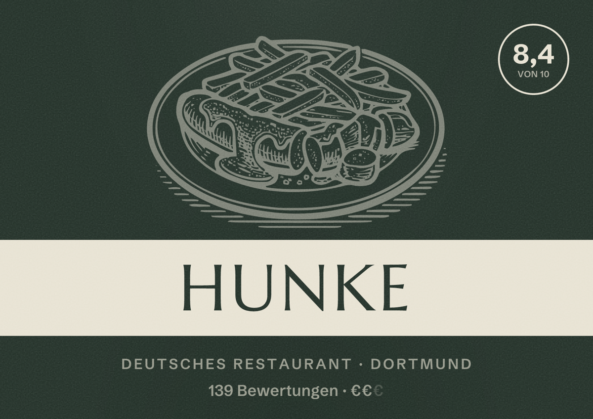 Illustriertes Poster von Hunke, Deutsches Restaurant in Dortmund: Gästebewertung 8,4 von 10 aus 139 Bewertungen