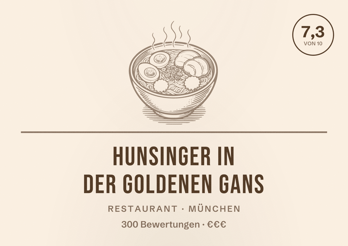Illustriertes Poster von Hunsinger in der Goldenen Gans, Restaurant in München: Bewertung 7,3 von 10 aus 300 Bewertungen, Preisniveau €€€