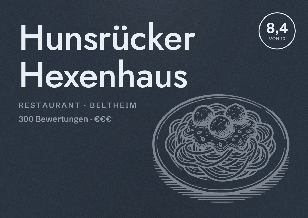 Illustriertes Poster von Hunsrücker Hexenhaus, Restaurant in Beltheim: Bewertung 8,4 von 10 aus 300 Bewertungen, Preisniveau €€€