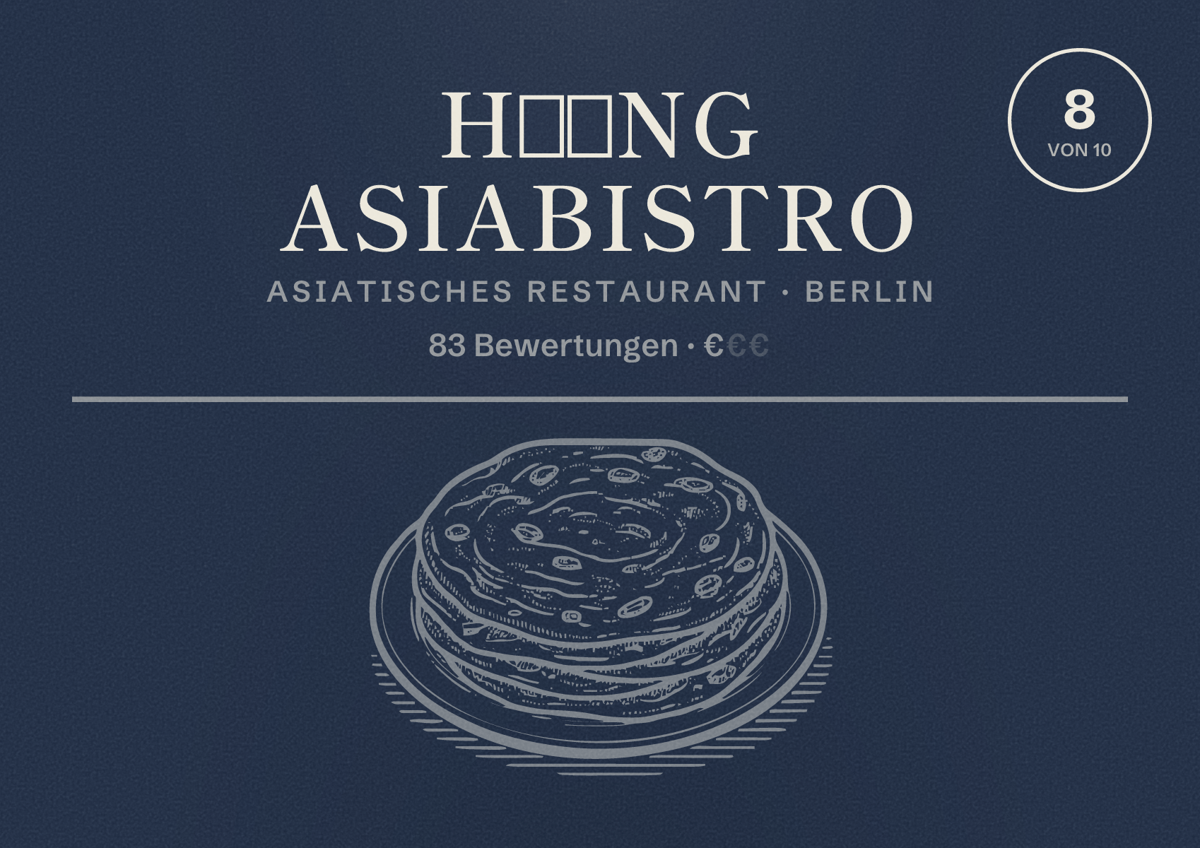 Illustriertes Poster von Hương Asiabistro, Asiatisches Restaurant in Berlin: Bewertung 8,0 von 10 aus 83 Bewertungen, Preisniveau €