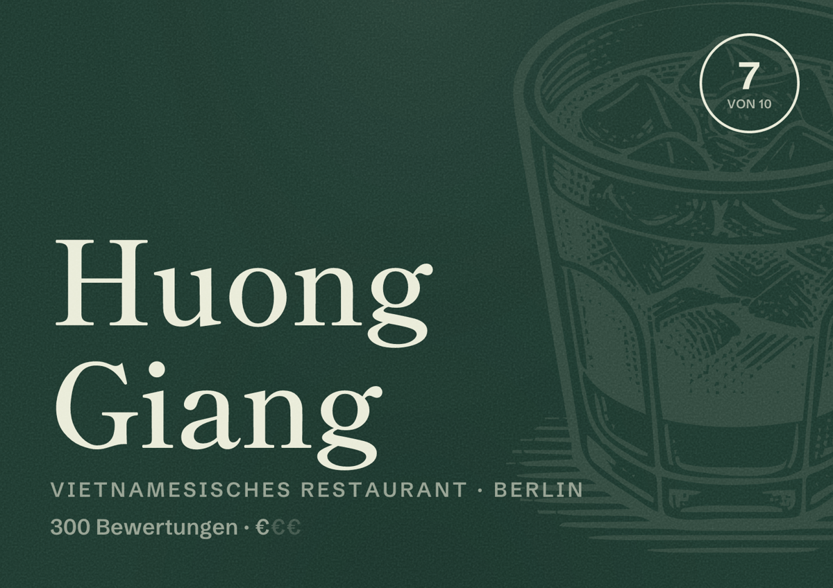 Illustriertes Poster von Huong Giang, Vietnamesisches Restaurant in Berlin: Bewertung 7,0 von 10 aus 300 Bewertungen, Preisniveau €