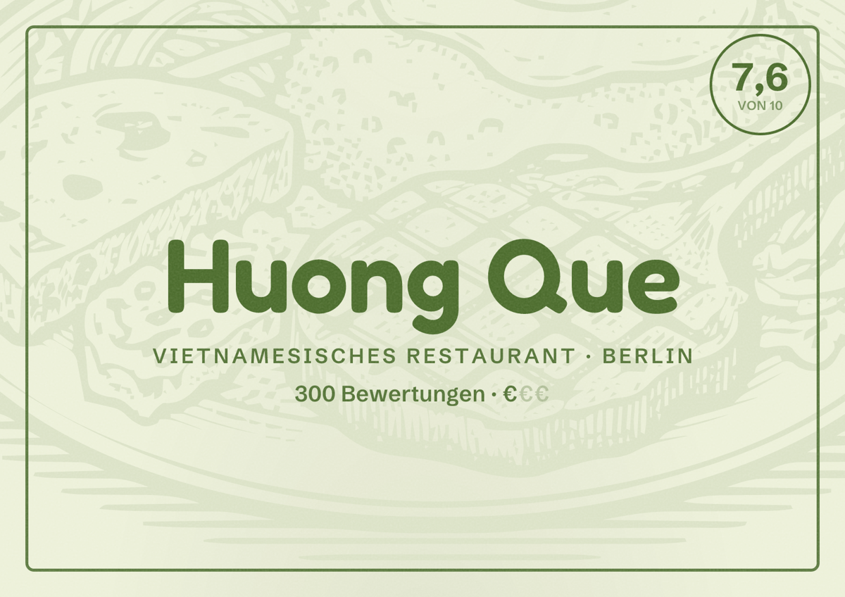 Illustriertes Poster von Huong Que, Vietnamesisches Restaurant in Berlin: Bewertung 7,6 von 10 aus 300 Bewertungen, Preisniveau €