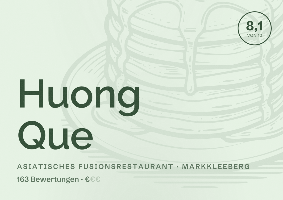 Illustriertes Poster von Huong Que, Asiatisches Fusionsrestaurant in Markkleeberg: Bewertung 8,1 von 10 aus 163 Bewertungen, Preisniveau €