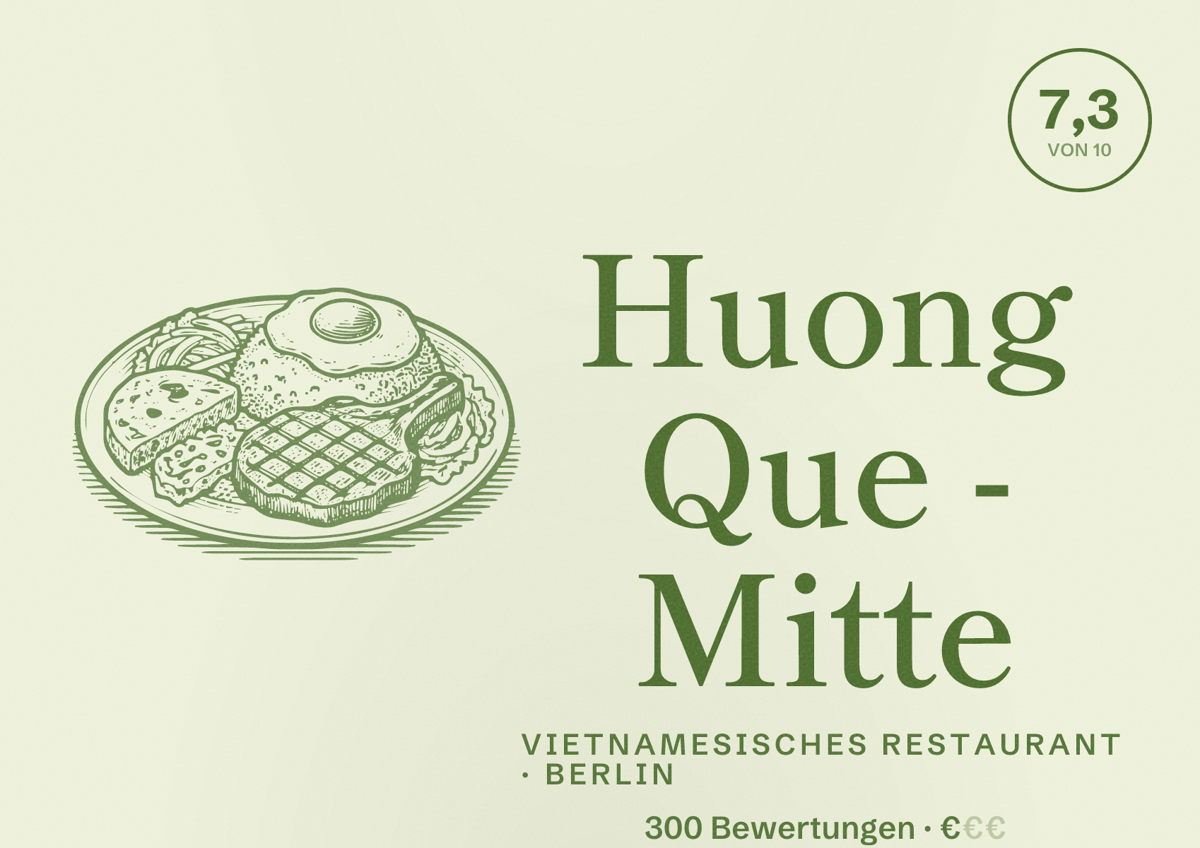 Illustriertes Poster von Huong Que - Mitte, Vietnamesisches Restaurant in Berlin: Bewertung 7,3 von 10 aus 300 Bewertungen, Preisniveau €