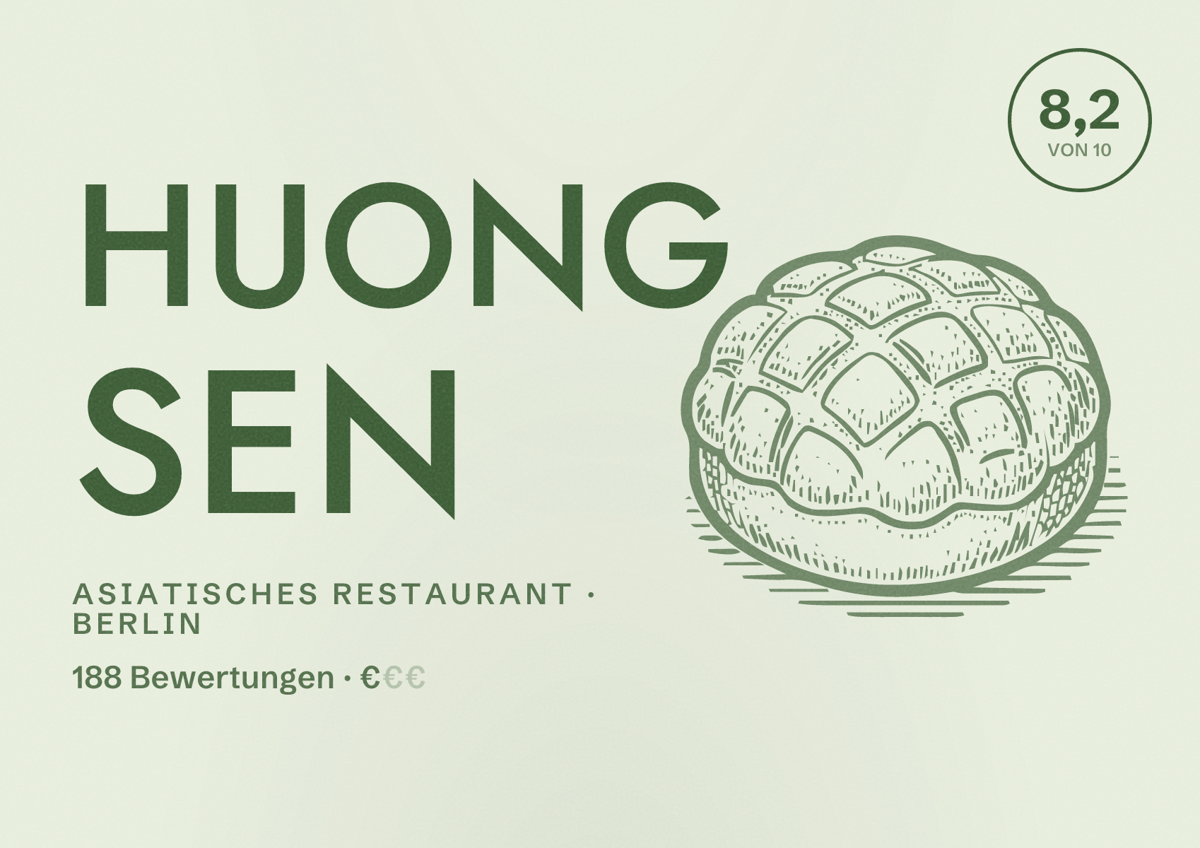 Illustriertes Poster von Huong Sen, Asiatisches Restaurant in Berlin: Bewertung 8,2 von 10 aus 188 Bewertungen, Preisniveau €