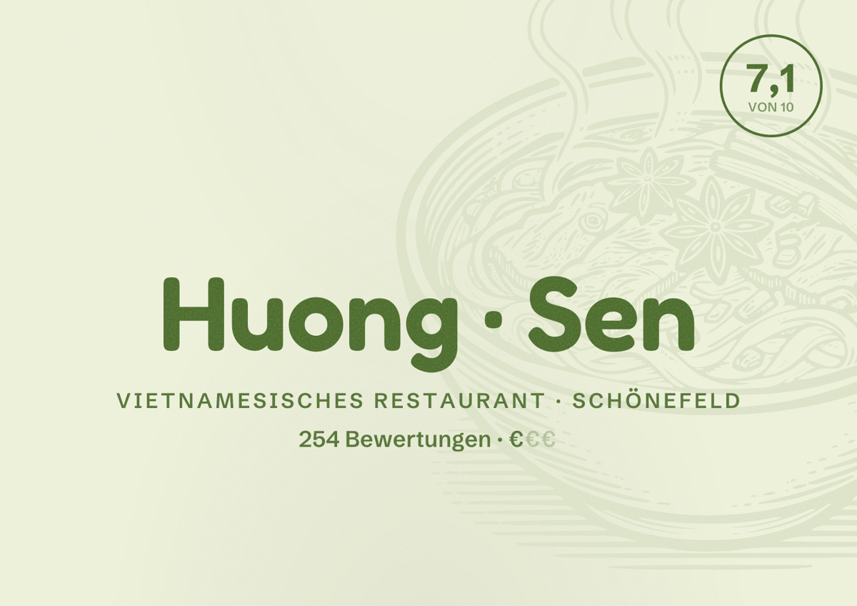 Illustriertes Poster von Huong Sen, Vietnamesisches Restaurant in Schönefeld: Bewertung 7,1 von 10 aus 254 Bewertungen, Preisniveau €