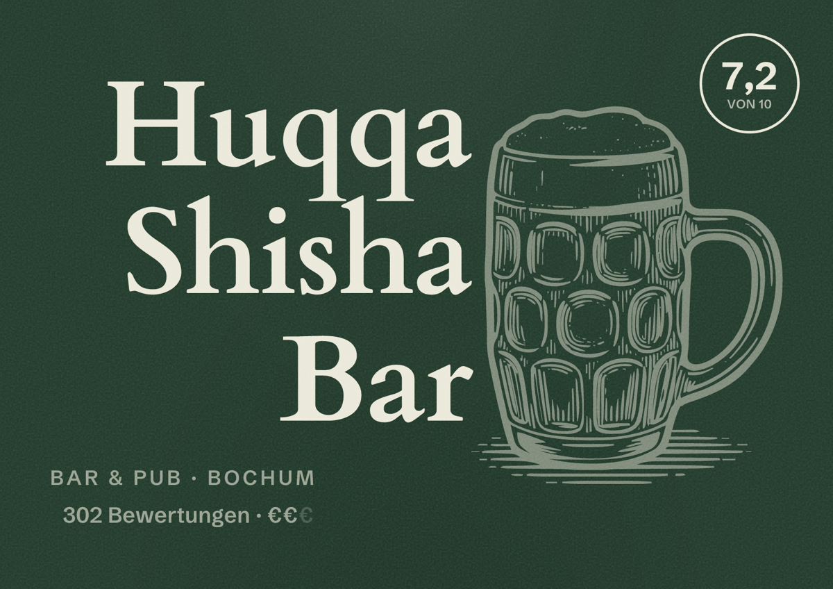 Illustriertes Poster von Huqqa Shisha Bar, Bar & Pub in Bochum: Bewertung 7,2 von 10 aus 302 Bewertungen, Preisniveau €€