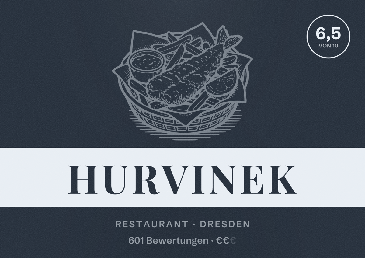 Illustriertes Poster von Hurvinek, Restaurant in Dresden: Bewertung 6,5 von 10 aus 601 Bewertungen, Preisniveau €€