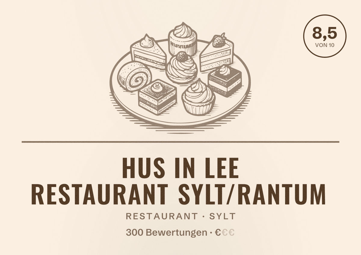 Illustriertes Poster von Hus in Lee Restaurant Sylt/Rantum, Restaurant in Sylt: Bewertung 8,5 von 10 aus 300 Bewertungen, Preisniveau €