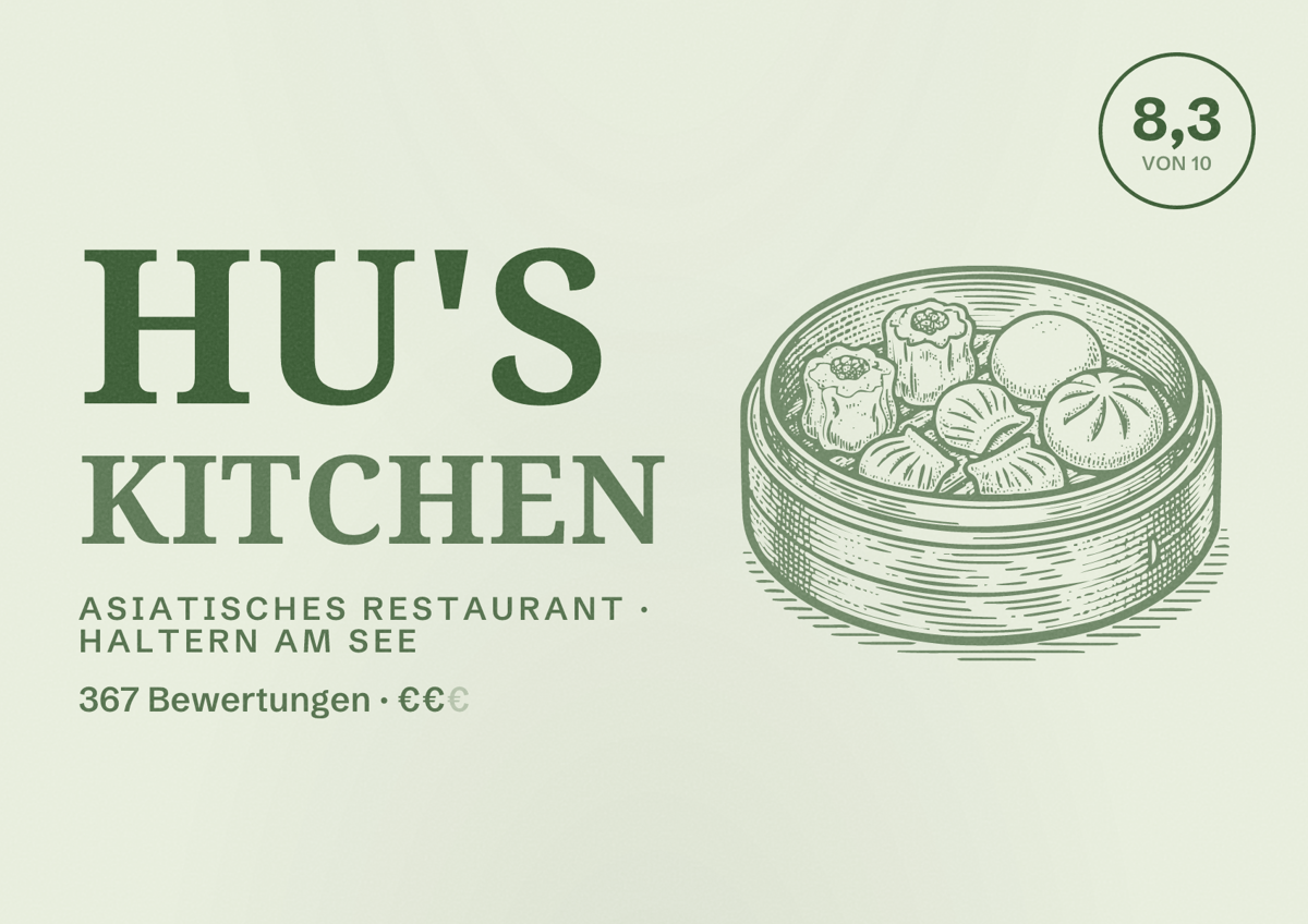 Illustriertes Poster von Hu's Kitchen, Asiatisches Restaurant in Haltern am See: Bewertung 8,3 von 10 aus 367 Bewertungen, Preisniveau €€