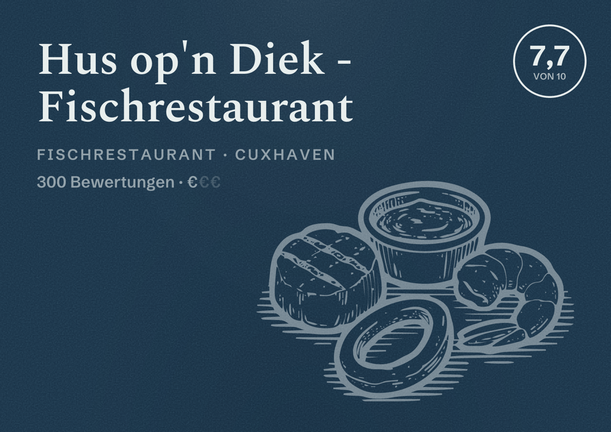Illustriertes Poster von Hus op'n Diek - Fischrestaurant, Fischrestaurant in Cuxhaven: Bewertung 7,7 von 10 aus 300 Bewertungen, Preisniveau €