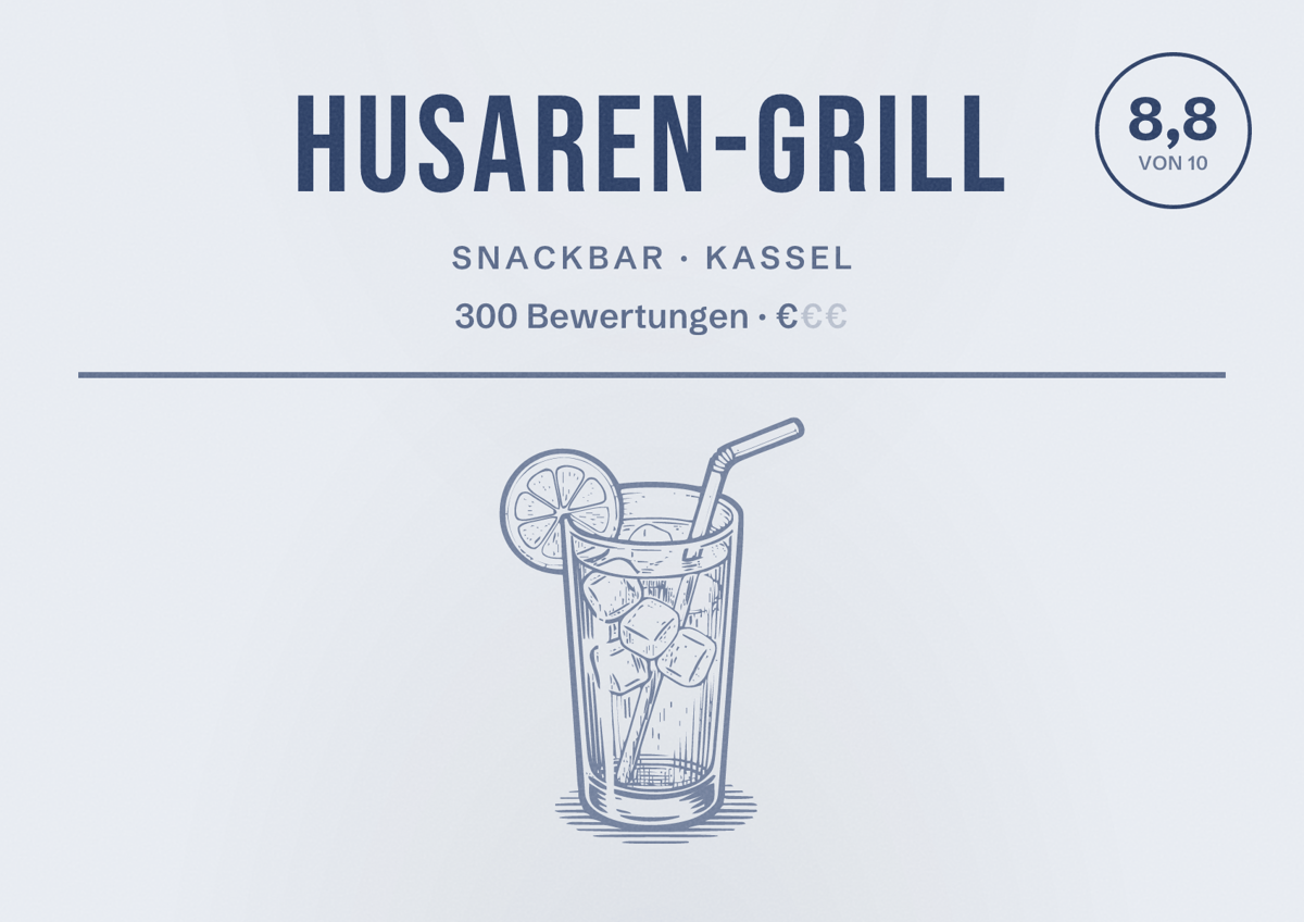 Illustriertes Poster von Husaren-Grill, Snackbar in Kassel: Bewertung 8,8 von 10 aus 300 Bewertungen, Preisniveau €