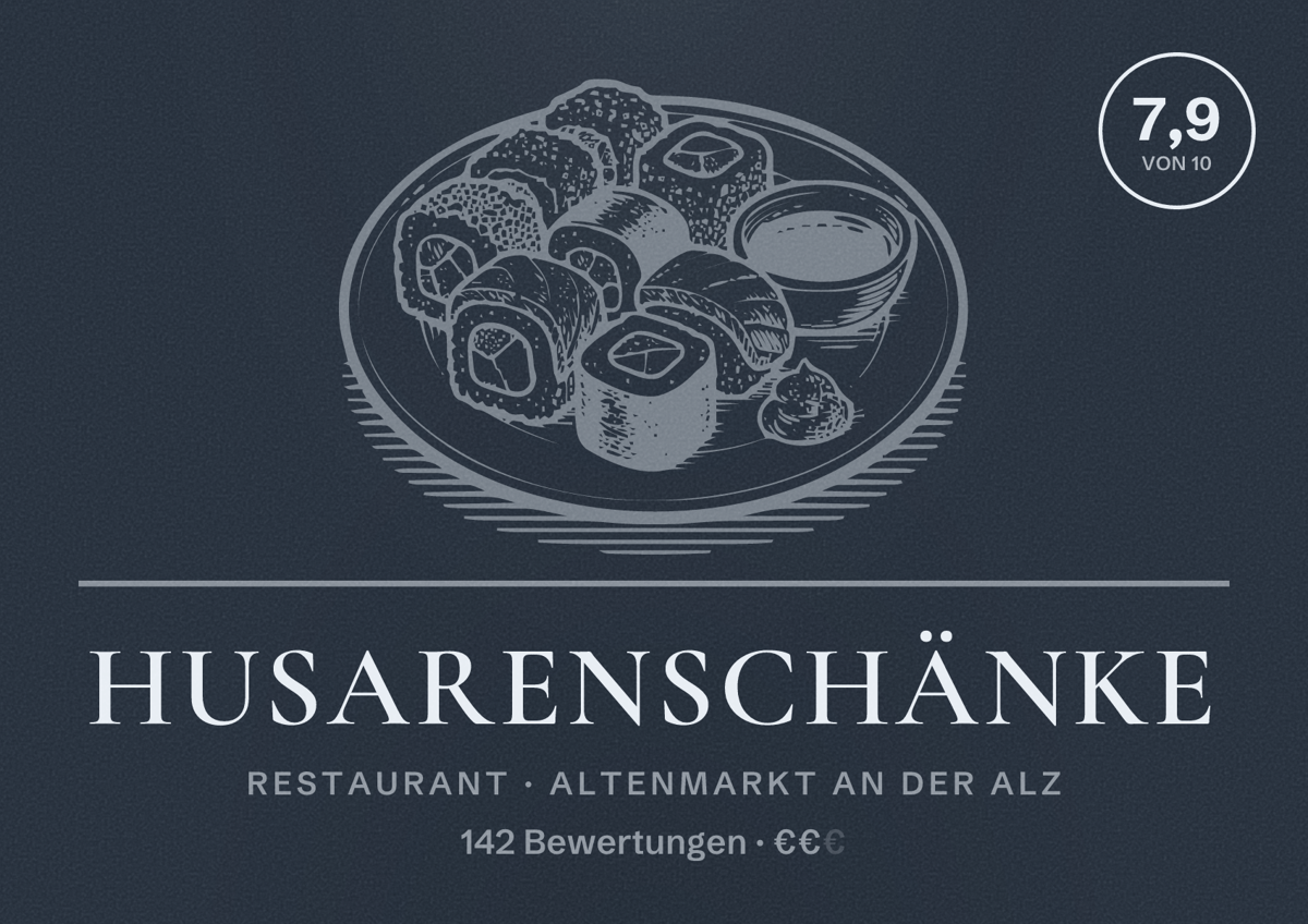 Illustriertes Poster von Husarenschänke, Restaurant in Altenmarkt an der Alz: Bewertung 7,9 von 10 aus 142 Bewertungen, Preisniveau €€