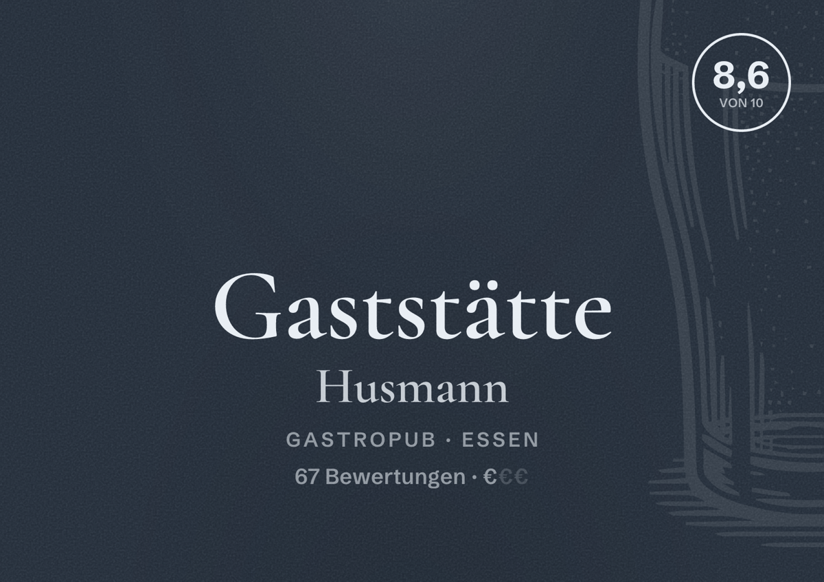 Illustriertes Poster von Gaststätte Husmann, Gastropub in Essen: Bewertung 8,6 von 10 aus 67 Bewertungen, Preisniveau €