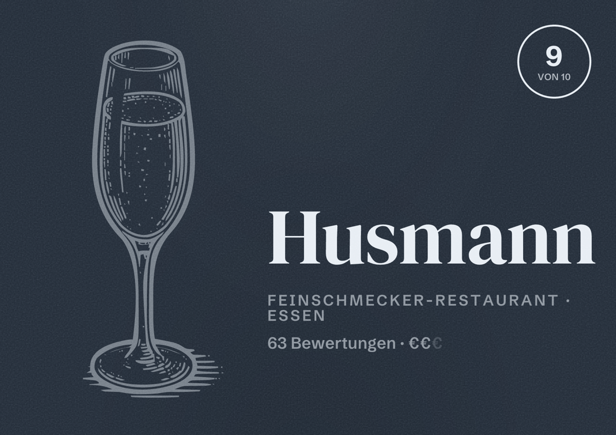Illustriertes Poster von Husmann, Feinschmecker-Restaurant in Essen: Bewertung 9 von 10 aus 63 Bewertungen, Preisniveau €€