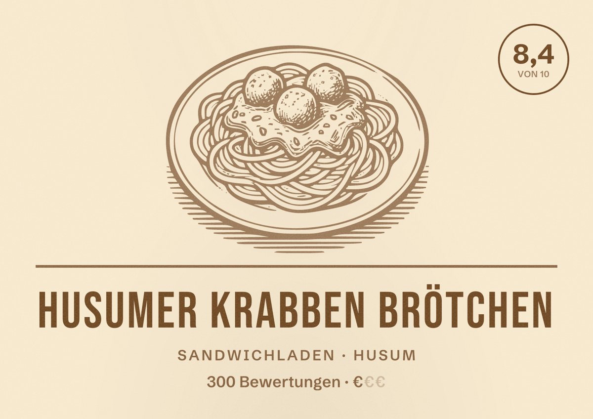 Illustriertes Poster von Husumer Krabben Brötchen, Sandwichladen in Husum: Bewertung 8,4 von 10 aus 300 Bewertungen, Preisniveau €