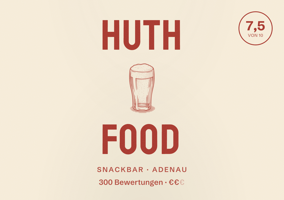 Illustriertes Poster von Huth Food, Snackbar in Adenau: Bewertung 7,5 von 10 aus 300 Bewertungen, Preisniveau €€