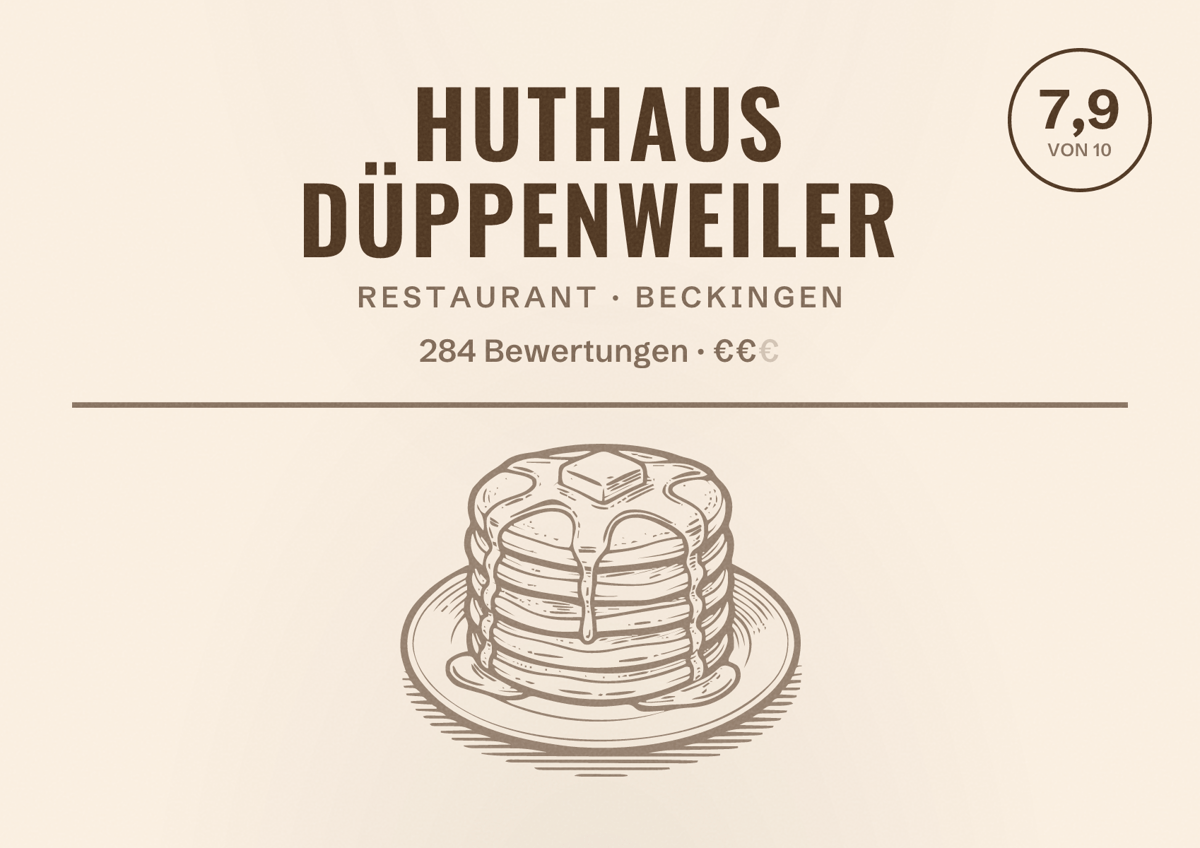 Illustriertes Poster von Huthaus Düppenweiler, Restaurant in Beckingen: Bewertung 7,9 von 10 aus 284 Bewertungen, Preisniveau €€