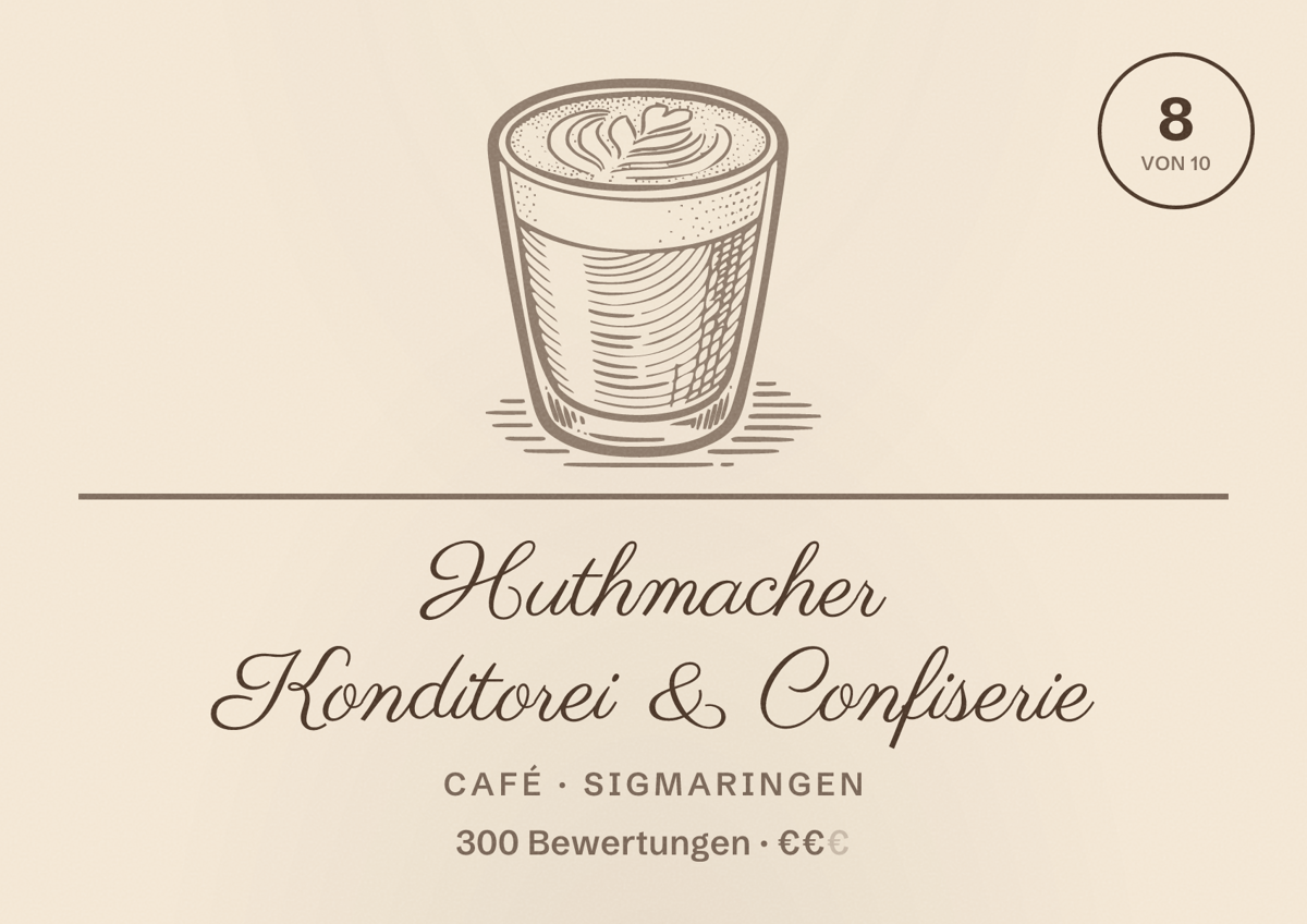 Illustriertes Poster von Huthmacher Konditorei & Confiserie, Café in Sigmaringen: Bewertung 8 von 10 aus 300 Bewertungen, Preisniveau €€