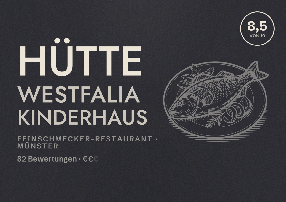 Illustriertes Poster von Hütte Westfalia Kinderhaus, Feinschmecker-Restaurant in Münster: Bewertung 8,5 von 10 aus 82 Bewertungen, Preisniveau €€