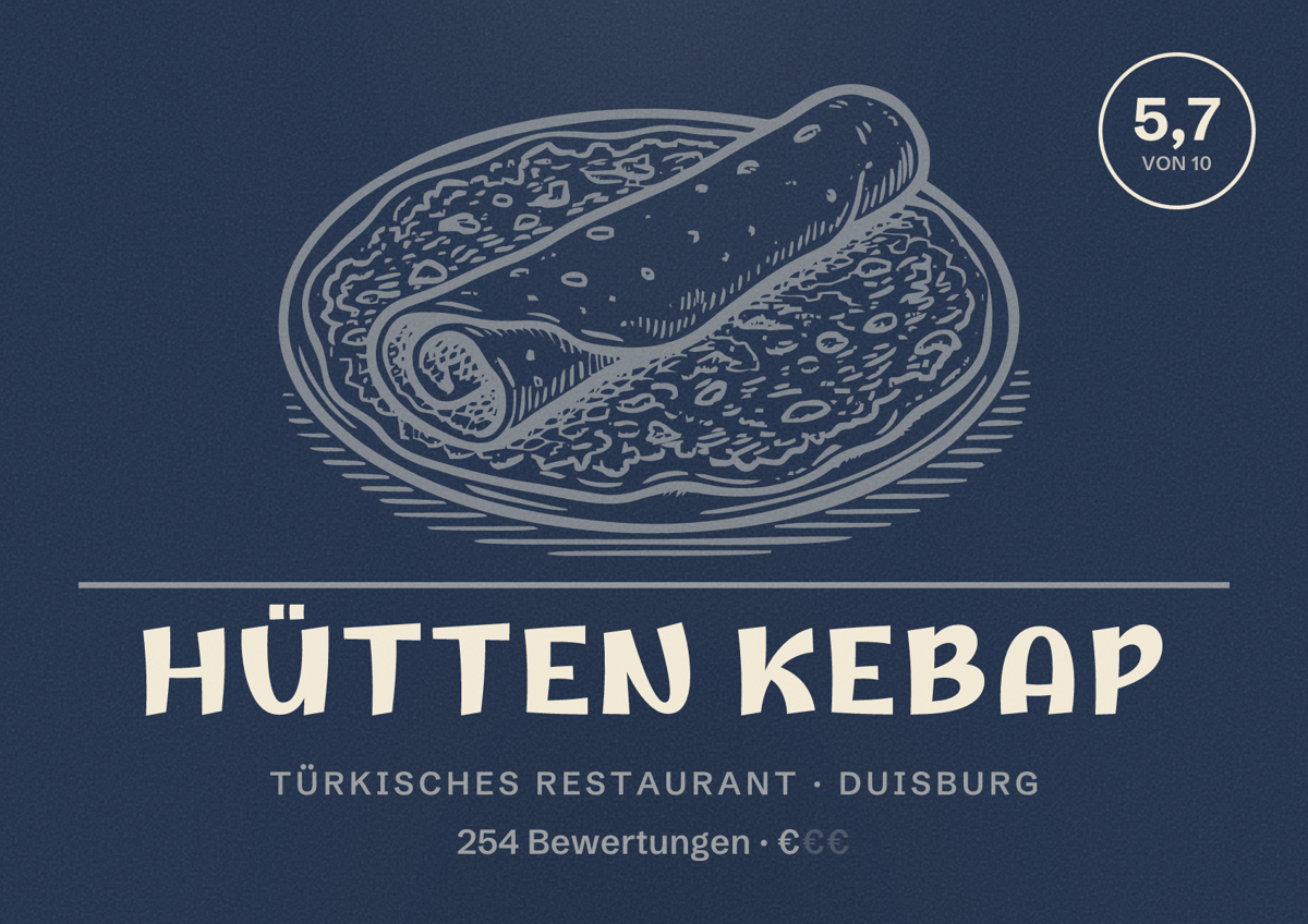 Illustriertes Poster von Hütten Kebap, Türkisches Restaurant in Duisburg: Bewertung 5,7 von 10 aus 254 Bewertungen, Preisniveau €