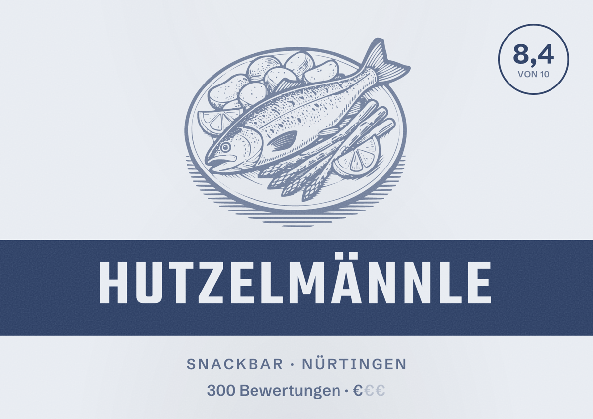 Illustriertes Poster von Hutzelmännle, Snackbar in Nürtingen: Bewertung 8,4 von 10 aus 300 Bewertungen, Preisniveau €