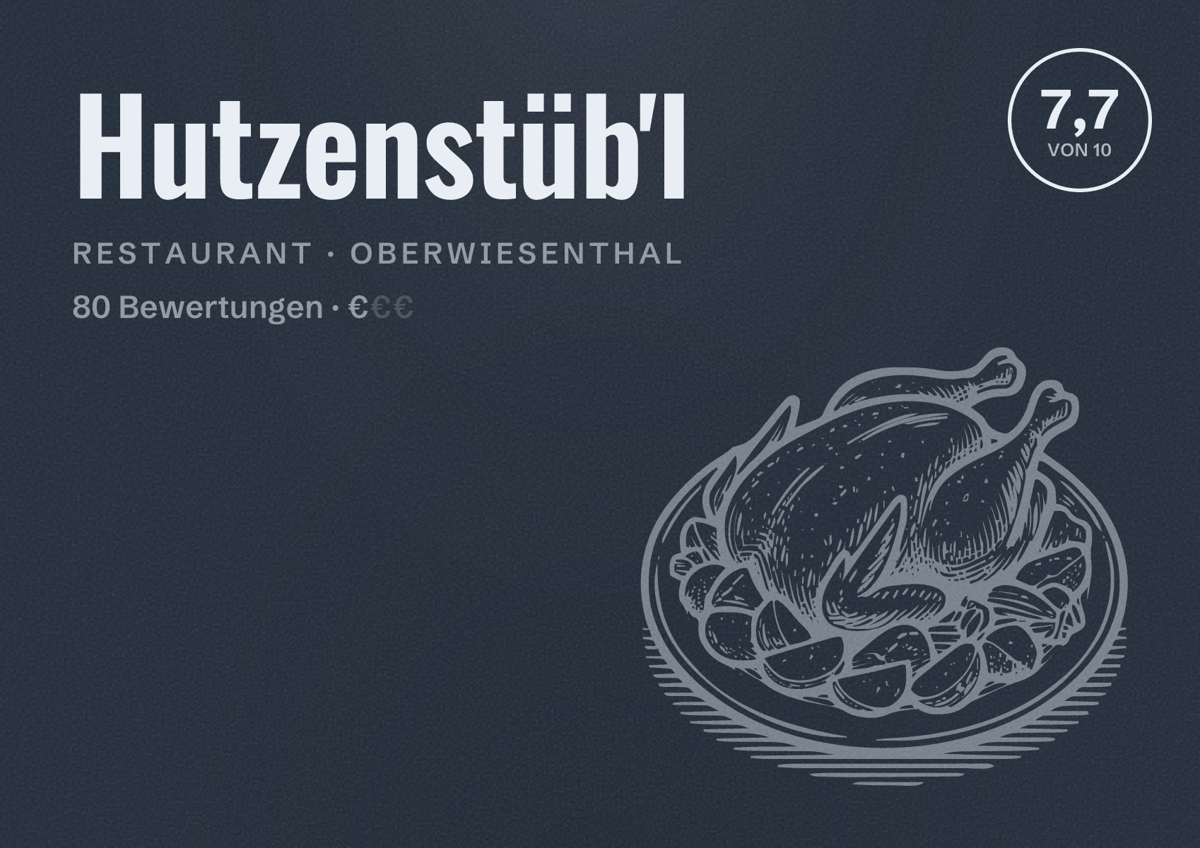 Illustriertes Poster von Hutzenstüb'l, Restaurant in Oberwiesenthal: Bewertung 7,7 von 10 aus 80 Bewertungen, Preisniveau €