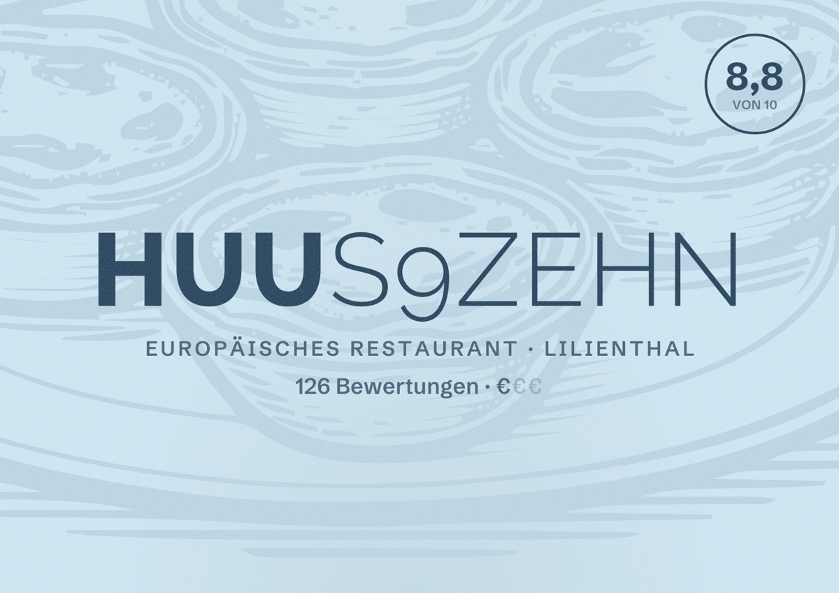 Illustriertes Poster von Huus9zehn, Europäisches Restaurant in Lilienthal: Bewertung 8,8 von 10 aus 126 Bewertungen, Preisniveau €