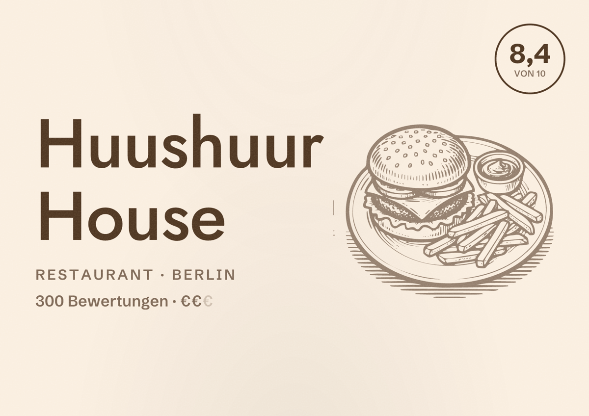 Illustriertes Poster von Huushuur House, Restaurant in Berlin: Bewertung 8,4 von 10 aus 300 Bewertungen, Preisniveau €€