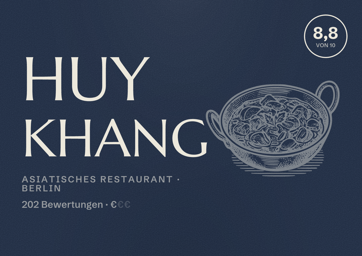 Illustriertes Poster von Huy Khang, Asiatisches Restaurant in Berlin: Bewertung 8,8 von 10 aus 202 Bewertungen, Preisniveau €